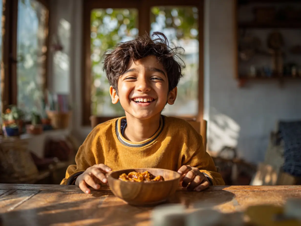 Child enjoying soaked Anjeer